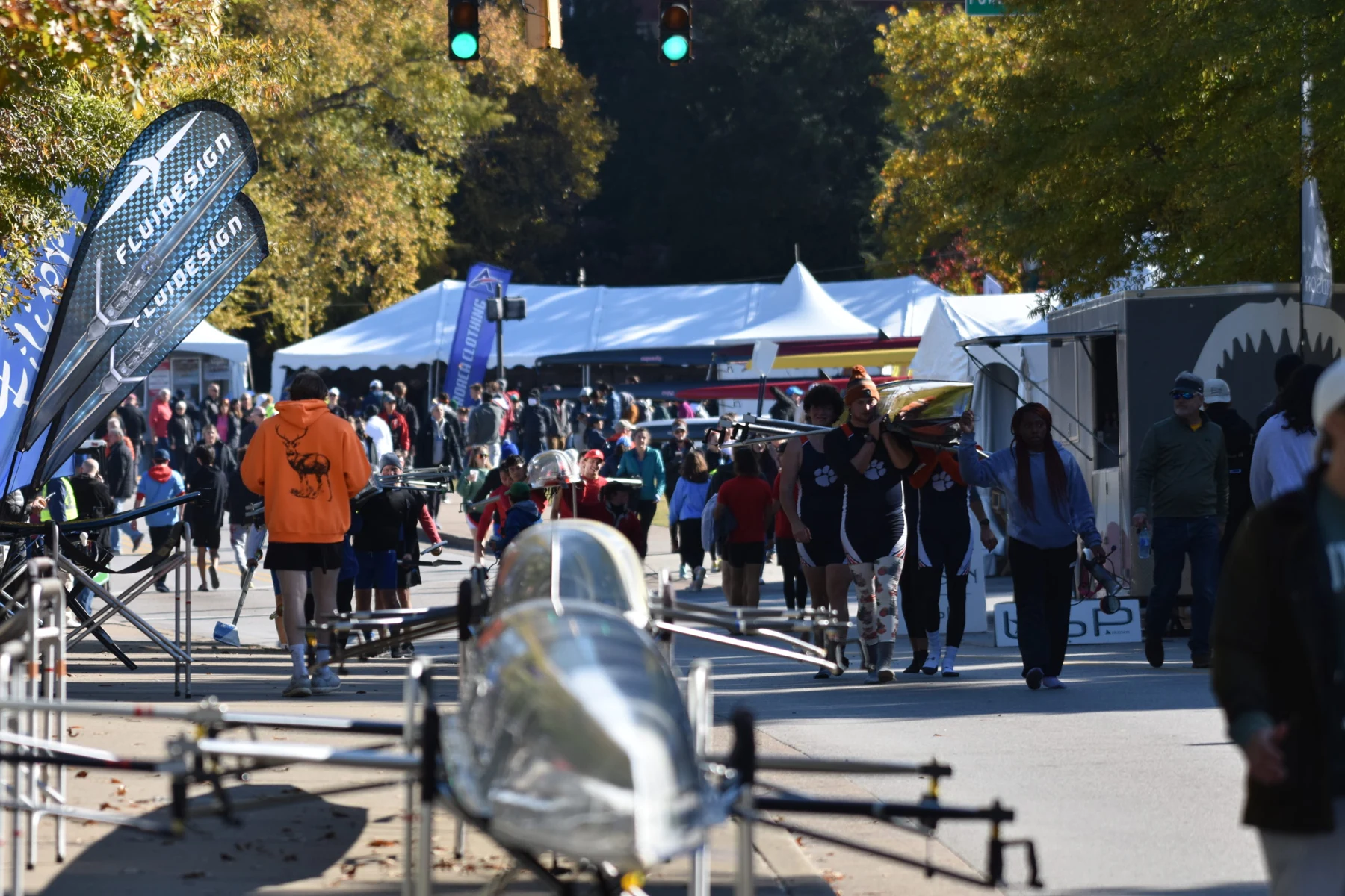 Spectators, crews, and rowing equipment at the Head of the Hooch regatta. Photograph by Luke Reynolds.